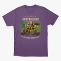 Camiseta com estampa frontal de polvo musculoso levantando pesos, rodeado por estrelas e letras, complementado por uma mensagem motivacional em inglês.