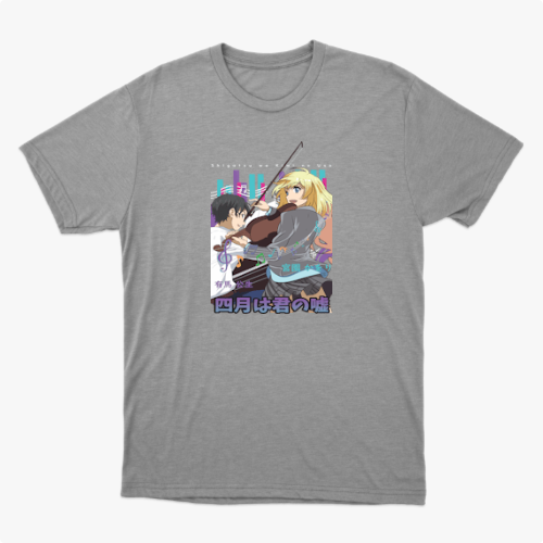 Camiseta com estampa frontal de dois personagens estilo anime, um rapaz e uma moça, acompanhados de instrumentos musicais e elementos urbanos ao fundo.