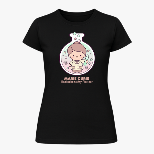 Camiseta com estampa frontal de uma figura estilizada dentro de um balão de laboratório, rodeada por símbolos científicos e a inscrição "Marie Curie Radiochemistry Pioneer".