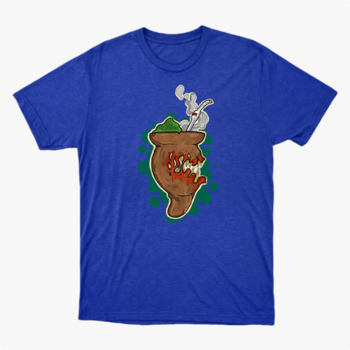 Camiseta com estampa frontal de um chimarrão estilizado com erva-mate, cuia e fumaça, rodeado por um fundo de formas orgânicas em contraste.