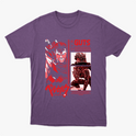 Camiseta com estampa frontal de personagem de mangá em posição dinâmica com espada, cercado por detalhes, textos estilizados e ilustrações adicionais.