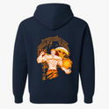 Moletom com estampa traseira de personagem musculoso segurando uma chama e uma espada, cercado por linhas estilizadas e símbolos orientais.