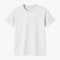 Camiseta com estampa frontal de um pequeno símbolo abstrato de chifre dourado, localizado no peito, com design minimalista e elegante.