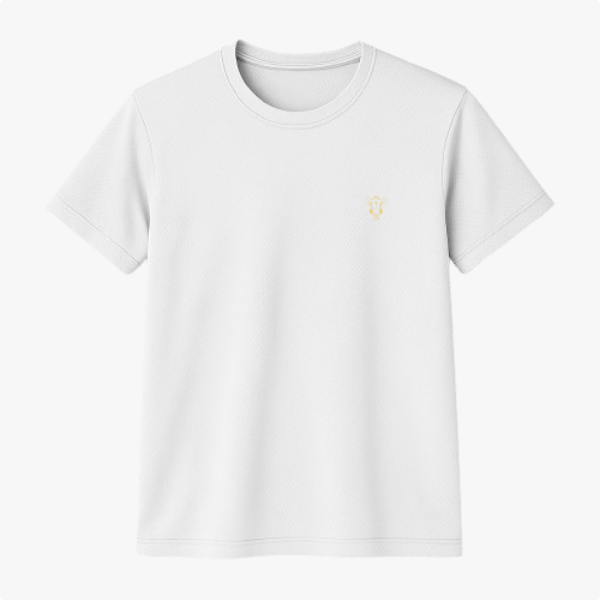 Camiseta com estampa frontal de um pequeno símbolo abstrato de chifre dourado, localizado no peito, com design minimalista e elegante.