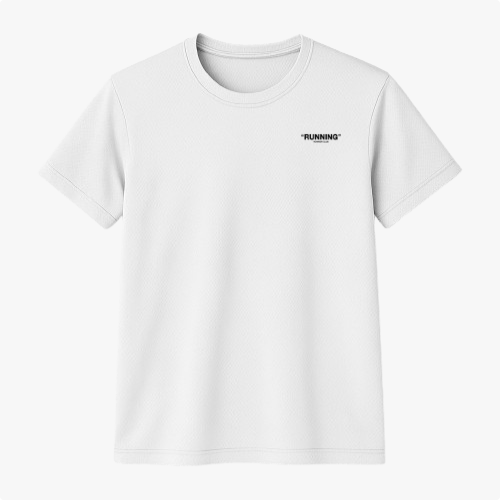 Camiseta com estampa frontal de "RUNNING" e estampa traseira de "RUNNING" com frase "aesthetic sports" e "ROWNER CLUB" logo abaixo, em estilo minimalista.