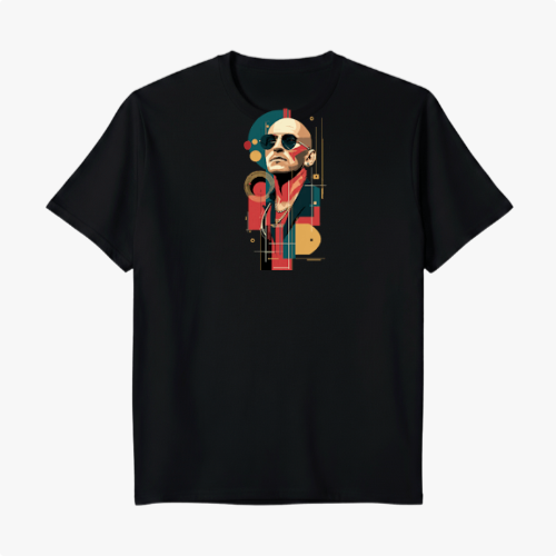Camiseta com estampa frontal de ilustração geométrica e abstrata de um homem usando óculos escuros e cachecol, com elementos circulares e linhas.