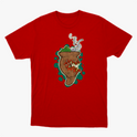 Camiseta com estampa frontal de um chimarrão estilizado com erva-mate, cuia e fumaça, rodeado por um fundo de formas orgânicas em contraste.
