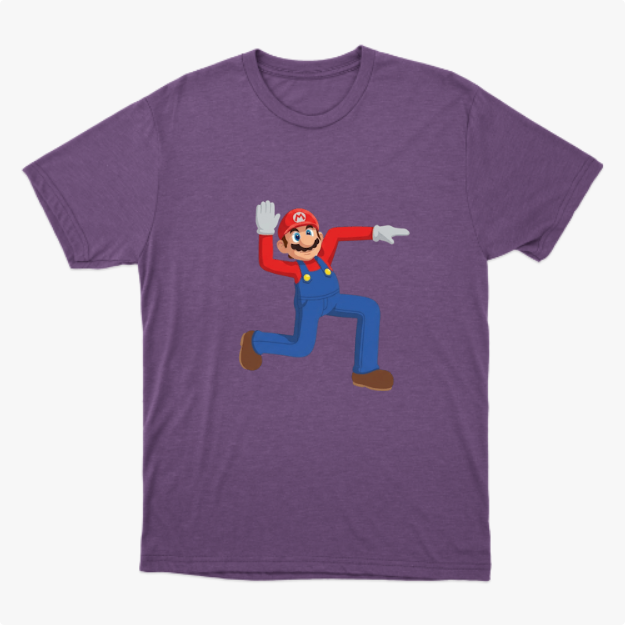 Camiseta com estampa frontal de um personagem icônico de macacão levantando uma mão aberta e apontando na outra direção, em posição alegre e animada.