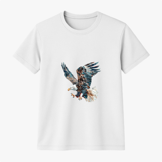 Camiseta com estampa frontal de uma águia em pleno voo, detalhando penas majestosas e olhar penetrante, capturando o momento em que se lança ao ar.