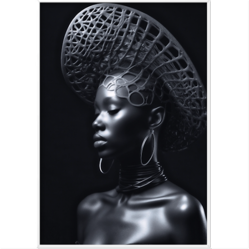 Quadro com estampa de mulher em perfil, usando chapéu intricado com padrão geométrico, grandes argolas nas orelhas e uma textura metálica marcante.