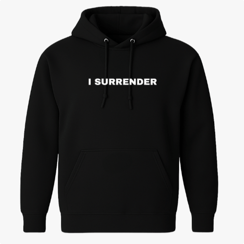 Moletom com estampa frontal de texto "I SURRENDER" e estampa traseira de asas estilizadas com linhas curvas e simétricas projetadas para cima.