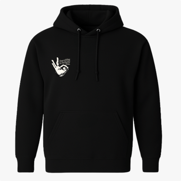 Moletom com estampa frontal de mão fazendo gesto positivo e texto inspirador, e estampa traseira de logotipo "So Fine", citação motivacional e ícone de globo.