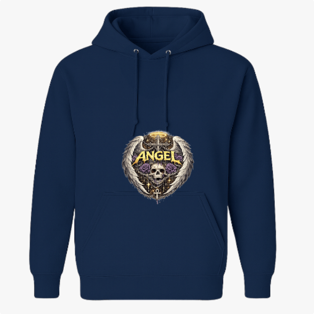 Moletom com estampa frontal de um crânio central, rodeado por asas detalhadas e rosas, com uma auréola dourada acima e a palavra "Angel" em destaque.