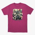 Camiseta com estampa frontal de um guerreiro musculoso em quadrantes, junto a um navio viking, escudo, espadas e texto "TRION BODYBUILDER".