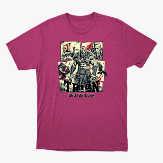 Camiseta com estampa frontal de um guerreiro musculoso em quadrantes, junto a um navio viking, escudo, espadas e texto "TRION BODYBUILDER".