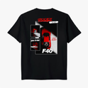 Camiseta com estampa traseira de carro esportivo F40, composta por vistas laterais, frontais e texto estilizado nas cores vermelha e branca.
