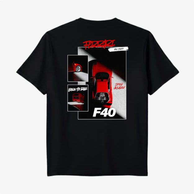 Camiseta com estampa traseira de carro esportivo F40, composta por vistas laterais, frontais e texto estilizado nas cores vermelha e branca.