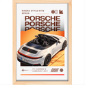 Quadro com estampa frontal de carro conversível com três logos "Porsche" sobrepostos, fundo degrade e texto "911 Carrera S Cabriolet 2019".