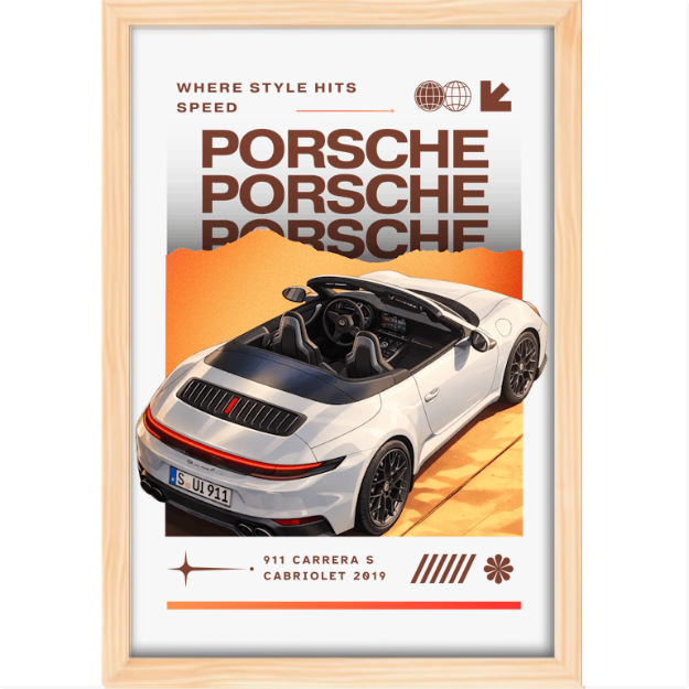 Quadro com estampa frontal de carro conversível com três logos "Porsche" sobrepostos, fundo degrade e texto "911 Carrera S Cabriolet 2019".