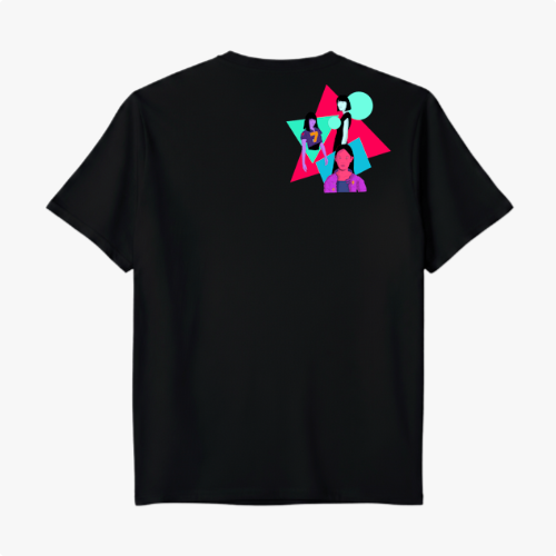 Camiseta com estampa frontal de figuras geométricas sobrepostas com silhuetas humanas e estampa traseira similar com posicionamento centralizado.