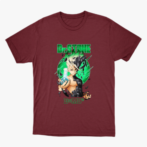 Camiseta com estampa frontal de personagem anime segurando um frasco, envolto em elementos científicos e letras "Dr. Stone" acima e "E=MC²" abaixo.