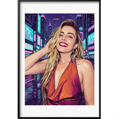 Quadro com estampa frontal de ilustração vibrante de uma mulher sorridente em ambiente urbano noturno, com letreiros luminosos coloridos ao fundo.