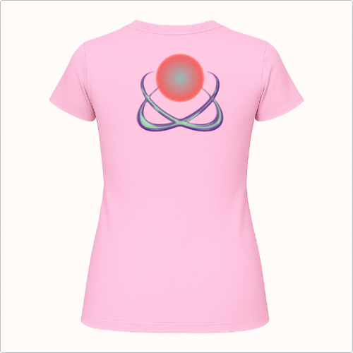 Camiseta com estampa frontal de logo estilizado com elemento circular e detalhes pontiagudos e estampa traseira de esfera central e orbitais entrelaçados.