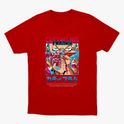Camiseta com estampa frontal de ilustração em estilo anime, apresentando personagem com pose dinâmica, letras coloridas acima e inscrições japonesas abaixo.