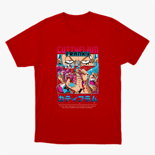 Camiseta com estampa frontal de ilustração em estilo anime, apresentando personagem com pose dinâmica, letras coloridas acima e inscrições japonesas abaixo.