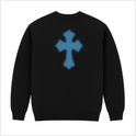 Moletom com estampa frontal de "LIZZE CORP" acompanhada de um pequeno símbolo e estampa traseira de uma grande cruz estilizada.