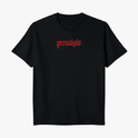 Camiseta com estampa frontal de palavra estilizada "pressagio" e estampa traseira de um círculo contendo o texto "Maffie Records" em fonte marcante.