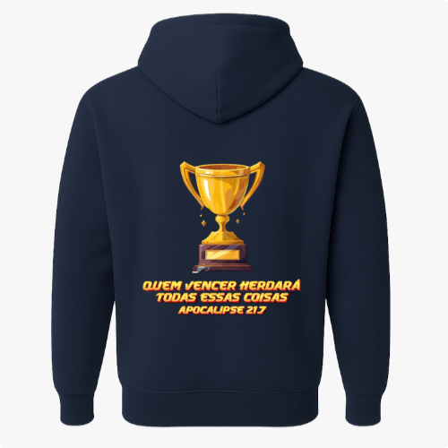 Moletom com estampa frontal de troféu dourado pequeno e estampa traseira de grande troféu dourado com texto em destaque abaixo da imagem.