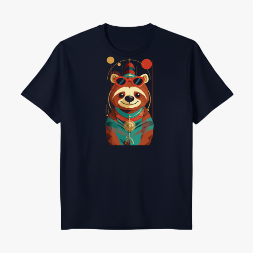 Camiseta com estampa frontal de um panda estilizado usando óculos e roupas coloridas, ornado com padrões geométricos e elementos circulares.