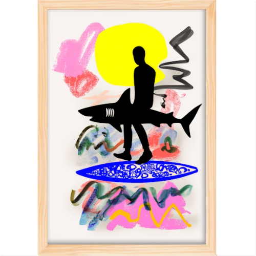Quadro com estampa de silhueta de pessoa sobre tubarão, sol em fundo abstrato com formas coloridas e manchas vibrantes ao redor.