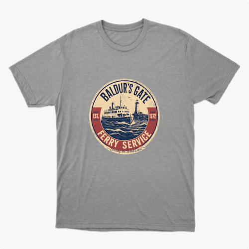 Camiseta com estampa frontal de um emblema circular apresentando um ferry estilizado, com inscrições que indicam "Baldur's Gate Ferry Service" e datas.