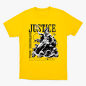 Camiseta com estampa frontal de deidade mitológica segurando um tridente sobre ondas, acompanhada das palavras "Justice", "Train Bodybuilder" e outros textos decorativos.