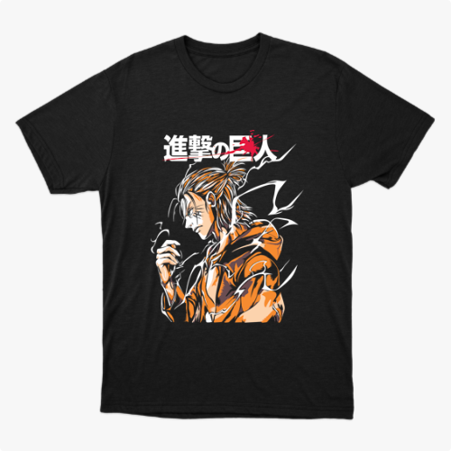 Camiseta com estampa frontal de personagem de cabelo preso e traje volumoso, rodeado por padrões dinâmicos e caracteres estilizados ao lado.