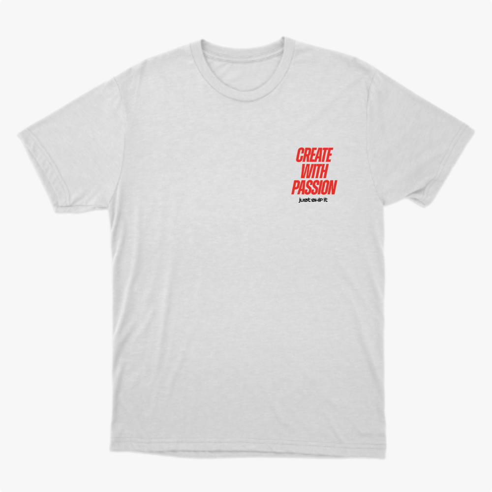 Camiseta com estampa frontal de "Create With Passion" em letras grandes e estampa traseira de "Be Consistent" estilizado entre frases motivacionais adicionais.