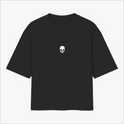 Camiseta com estampa frontal de caveira minimalista e estampa traseira de águia em voo com detalhes abstratos e texto estilizado "Rage Boys".