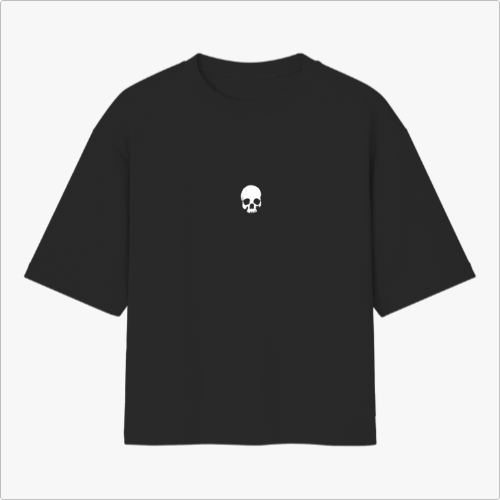 Camiseta com estampa frontal de caveira minimalista e estampa traseira de águia em voo com detalhes abstratos e texto estilizado "Rage Boys".