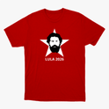 Camiseta com estampa frontal de rosto estilizado sobre uma estrela de cinco pontas, acompanhada pelo texto "LULA 2026" abaixo do retrato.