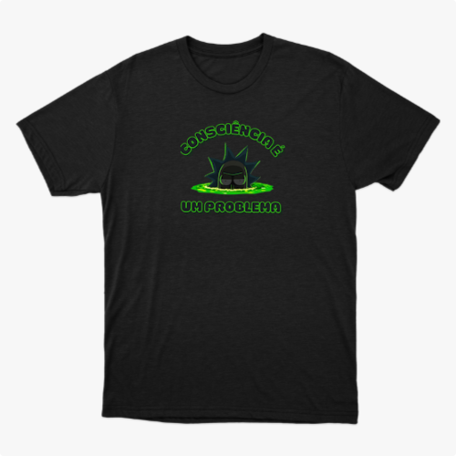 Camiseta com estampa frontal de criatura robótica emergindo de superfície líquida, rodeada pela frase "consciência é um problema" em estilo tecnológico.