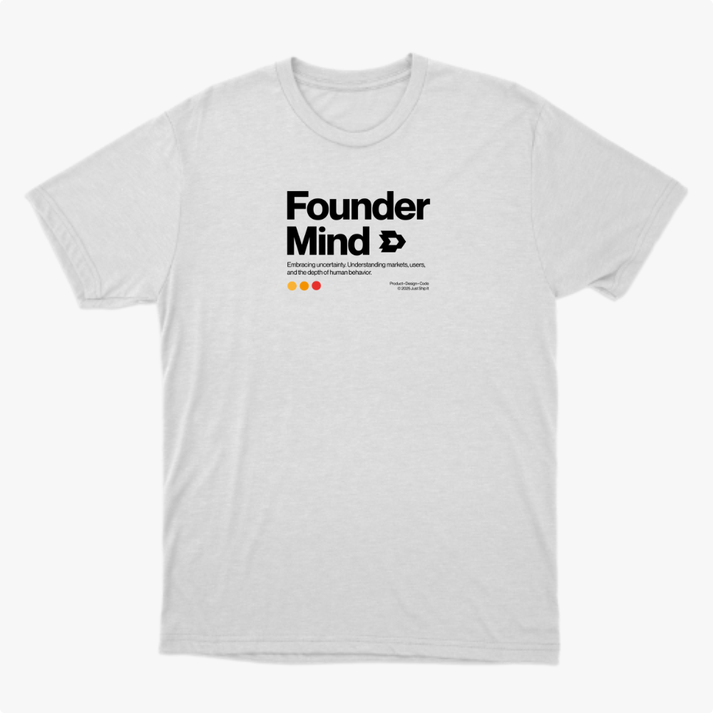 Camiseta com estampa frontal de texto "Founder Mind" acompanhado de uma silhueta de cabeça, frase inspiradora e três círculos coloridos abaixo.