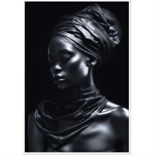 Quadro com estampa frontal de retrato em estilo fotográfico, apresentando detalhe de turbante em tecido com textura suave e brilho sutil sobre superfície metálica.