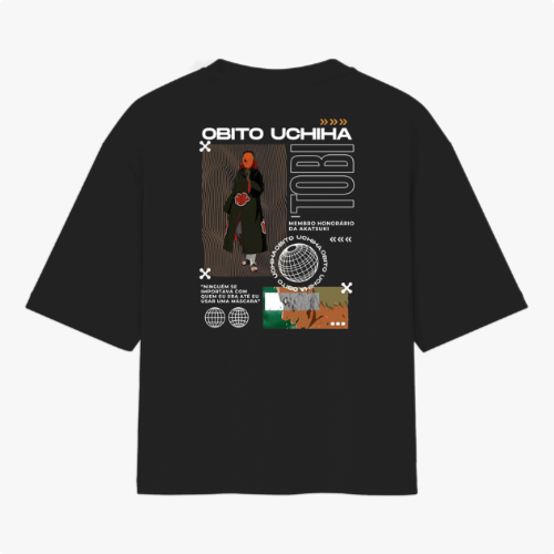 Camiseta com estampa frontal de olhos intensos e nome em destaque, e estampa traseira de personagem estilizado com texo, figuras geométricas e ilustrações.
