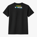 Camiseta com estampa frontal de texto "FEEL THE VORTEX!" e ícone espiral no peito, e estampa traseira de texto "BOTUVA 2026 VORTEX 4 WAY TEAM" com espiral.
