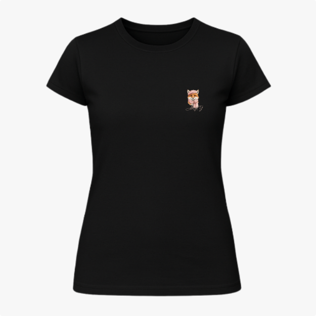Camiseta com estampa frontal de um adorável cachorro usando uma coroa real, com a inscrição "Motty" em estilo cursivo logo abaixo do desenho.