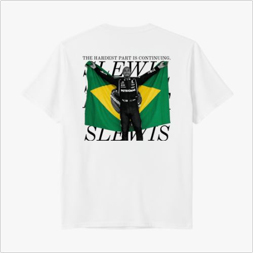 Camiseta com estampa frontal de número "44" e estampa traseira com frase "THE HARDEST PART IS CONTINUING" e figura segurando bandeira do Brasil.