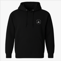 Moletom com estampa frontal de logo circular minimalista e estampa traseira de círculo maior envolvendo grafismo estilizado com texto ao redor.