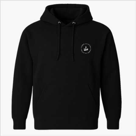 Moletom com estampa frontal de logo circular minimalista e estampa traseira de círculo maior envolvendo grafismo estilizado com texto ao redor.